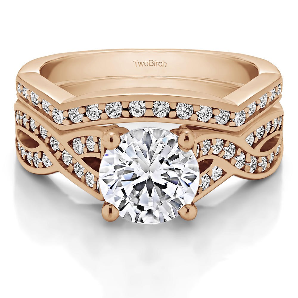 TwoBirch 2 Ring Bridal SET:Engagement ring with Diamonds (G,I2) and Moissanite Center in 10k Rose Gold(2.14tw)