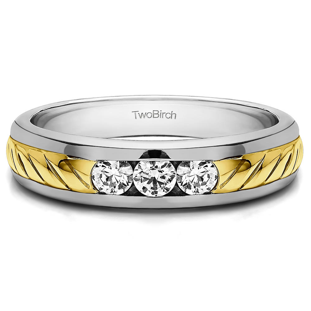 TwoBirch Three Stone Unique Men's Wedding Ring or Unique Men's Fashion Ring in 14k Two Tone Gold with Diamonds (G-H,I2-I3) (0.5 CT)
