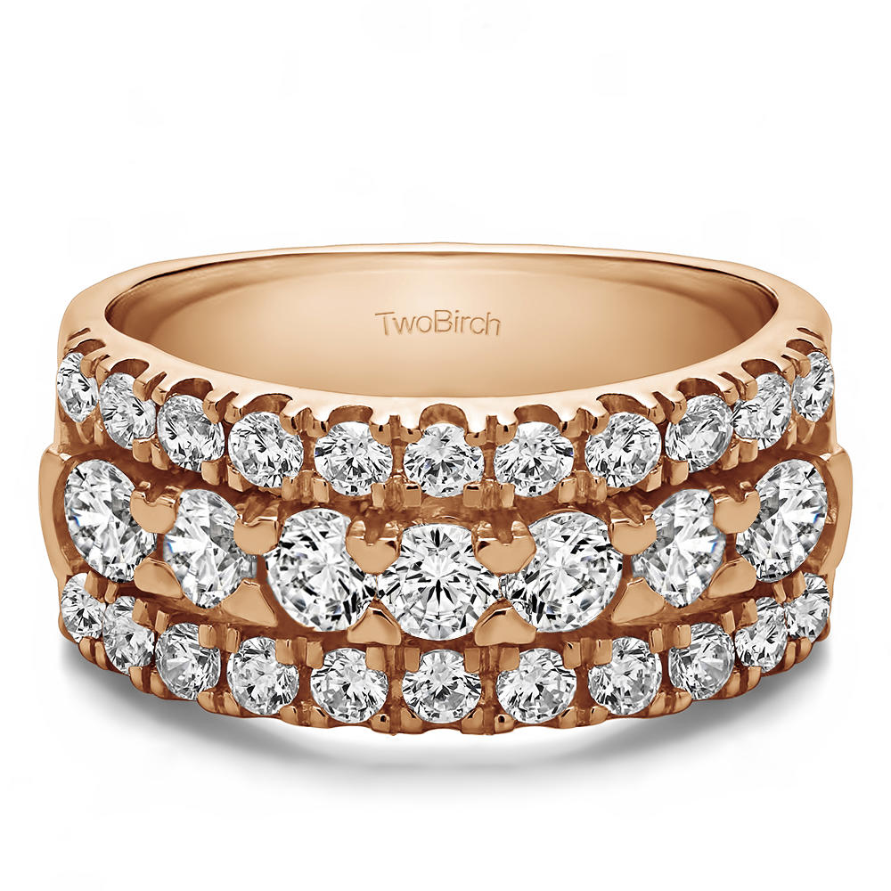TwoBirch Three Row French Cut Pave Raised Center Anniversary Ring in 10k Rose Gold with Diamonds (G-H,I2-I3) (2 CT)