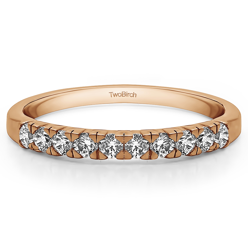 TwoBirch 1/3 CT Ten Stone French Cut Pave Set Wedding Ring in 10k Rose Gold with Diamonds (G-H,I2-I3) (0.3 CT)