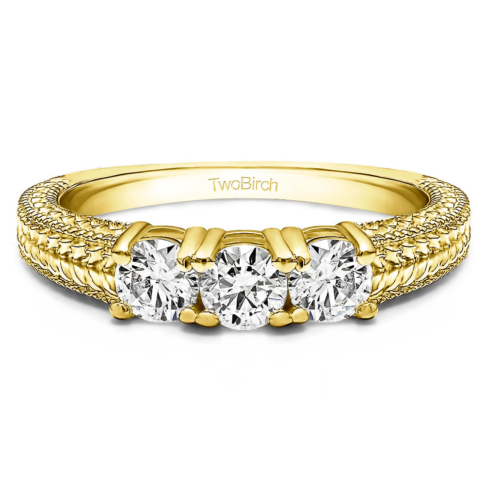TwoBirch 3/4CT Three Stone Engraved Shank Wedding Band in 10k Yellow gold with Diamonds (G-H,I2-I3) (0.75 CT)