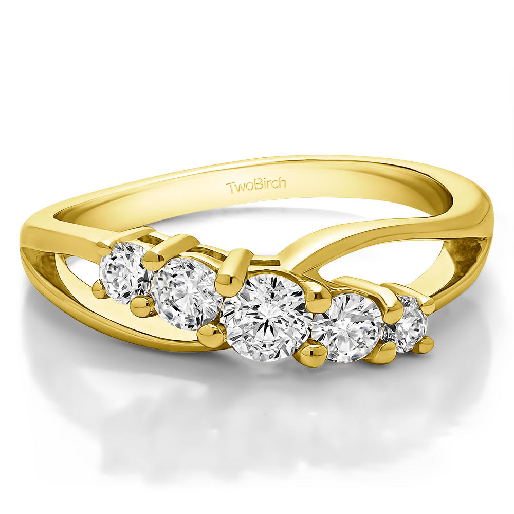TwoBirch 1/2CT Twist Double Shared Prong Bypass Wedding Ring in 14k Yellow Gold with Diamonds (G-H,I2-I3) (0.53 CT)