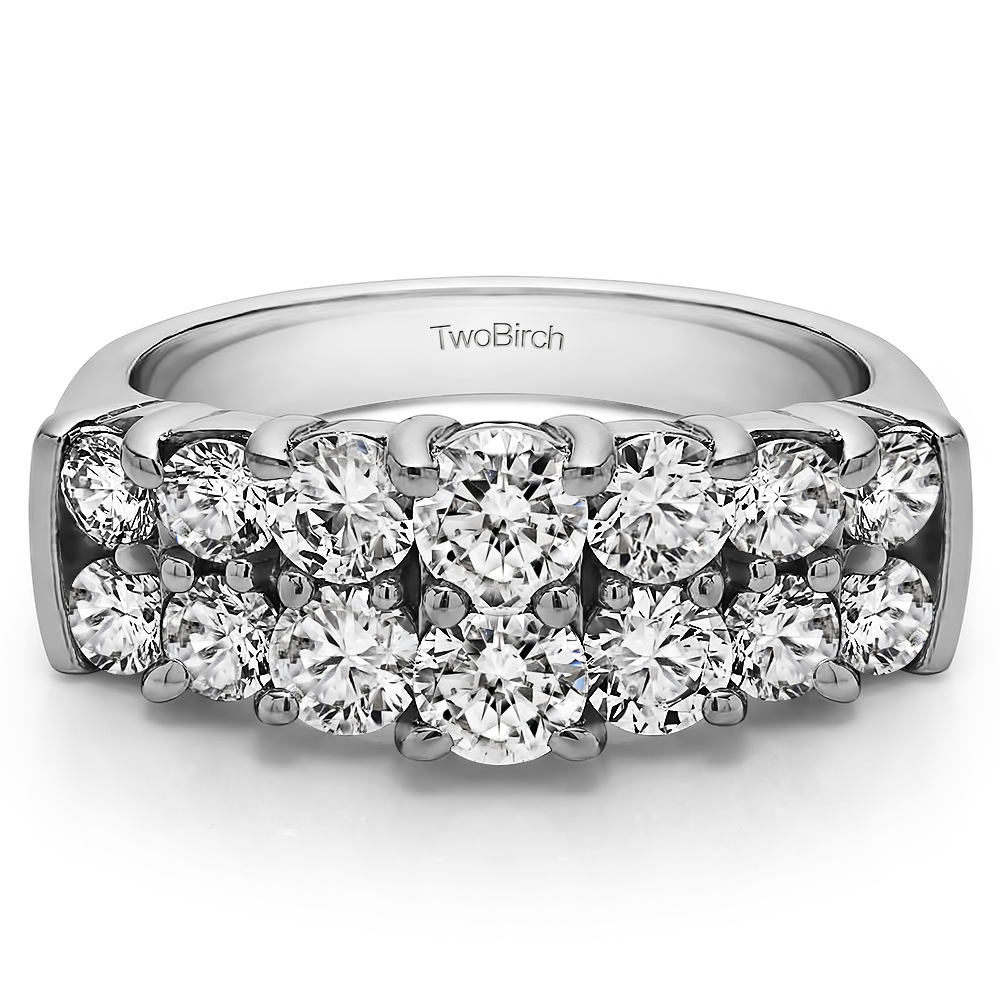TwoBirch Graduated Double Row Double Shared Prong Wedding Ring in Sterling Silver with Diamonds (G-H,I1-I2) (1.06 CT)