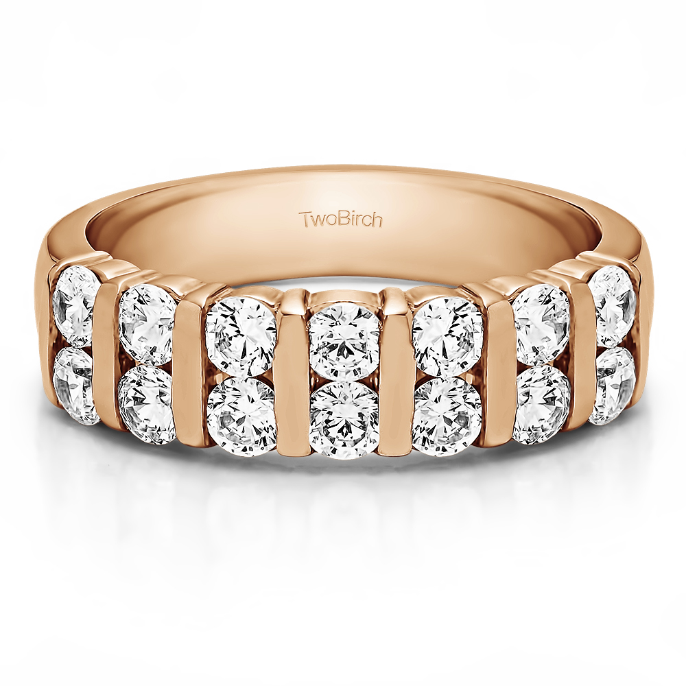 TwoBirch Fourteen Stone Double Row Bar Set Anniversary Band  in 14k Rose Gold with Diamonds (G-H,I2-I3) (0.98 CT)