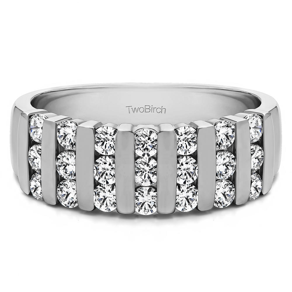 TwoBirch 1/4CT Three Row Bar Set Wedding Ring in 10k White Gold with Diamonds (G-H,I2-I3) (0.26 CT)