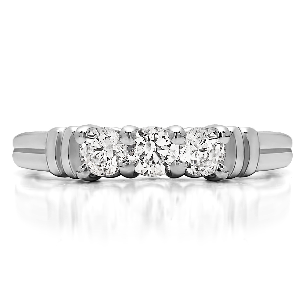 TwoBirch 1/2CT Three Stone U Set Ribbed Shank Wedding Ring in Sterling Silver with Diamonds (G-H,I2-I3) (0.48 CT)