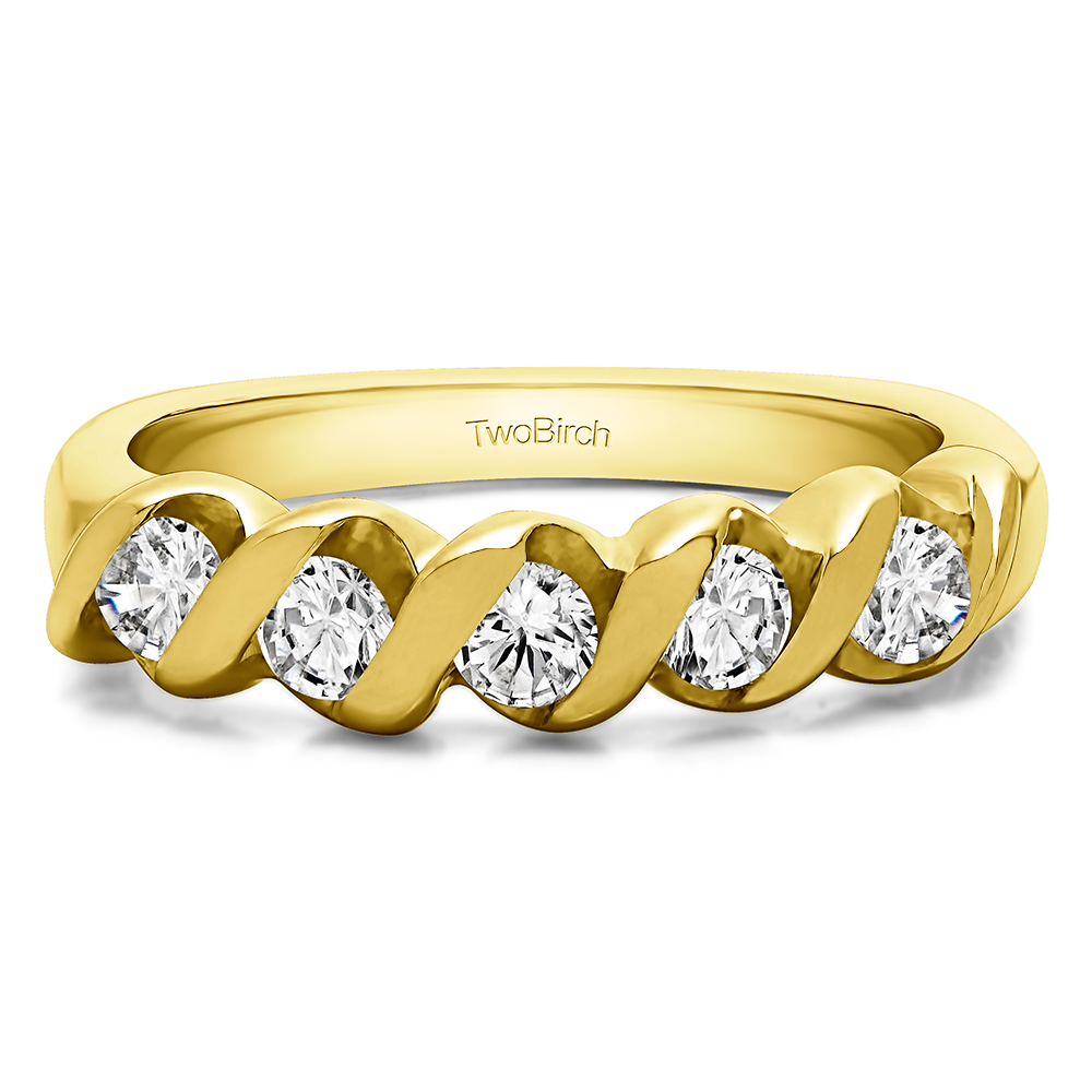 TwoBirch Five Stone Twirl Set Wedding Ring in 10k Yellow gold with Diamonds (G-H,I2-I3) (0.75 CT)