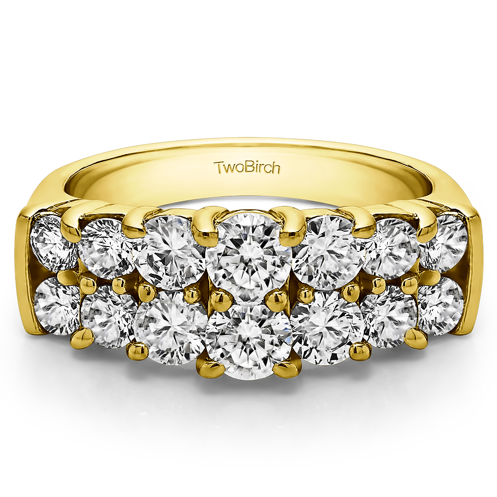 TwoBirch Graduated Double Row Double Shared Prong Wedding Ring in 10k Yellow gold with Diamonds (G-H,I1-I2) (1.06 CT)