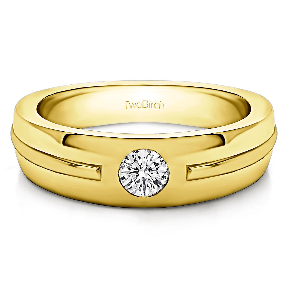 TwoBirch Men Ring in 14k Yellow Gold with Forever Brilliant Moissanite by Charles Colvard (0.17 CT)