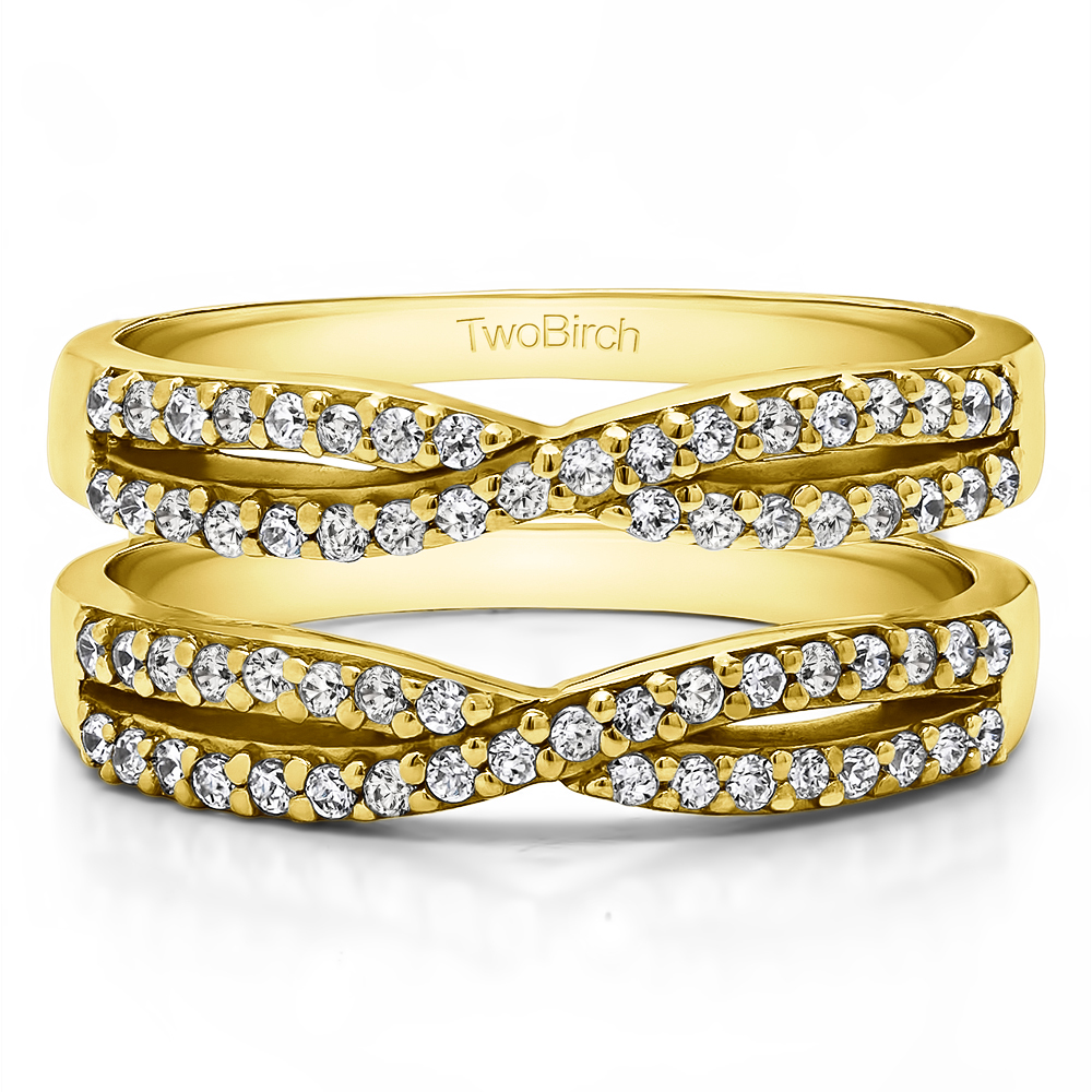 TwoBirch Criss Cross Wedding Ring Guard  in 10k Yellow gold with Forever Brilliant Moissanite by Charles Colvard (0.48 CT)