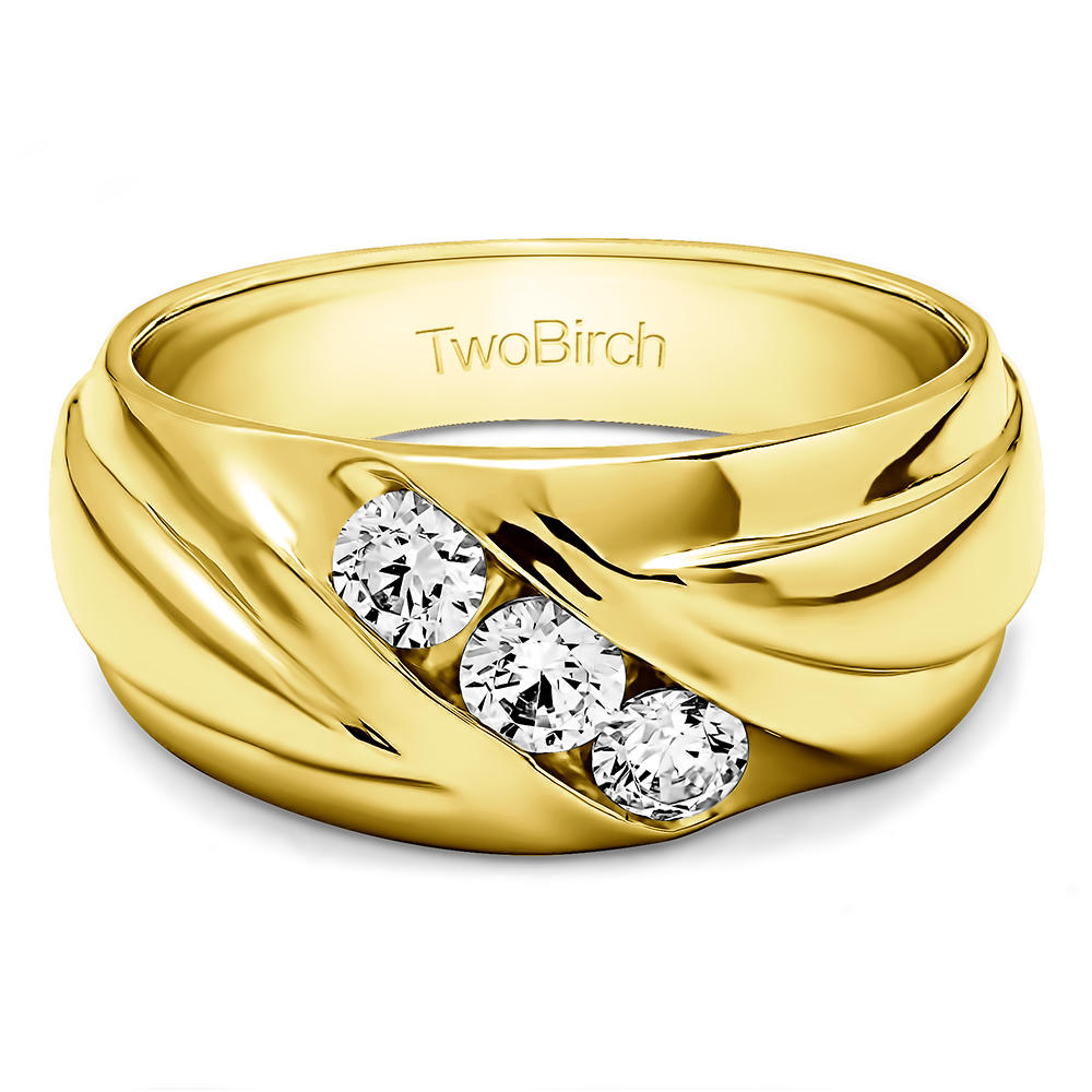 TwoBirch Moissanite Channel Set Men's Ring With Bars in 10k Yellow gold with Forever Brilliant Moissanite by Charles Colvard (0.42 CT)