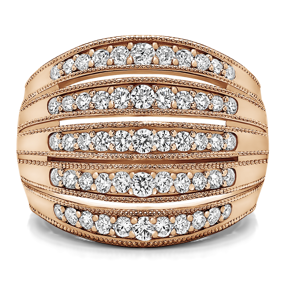 TwoBirch Large Domed Milgrained Anniversary Band in 14k Rose Gold with Forever Brilliant Moissanite by Charles Colvard (0.86 CT)
