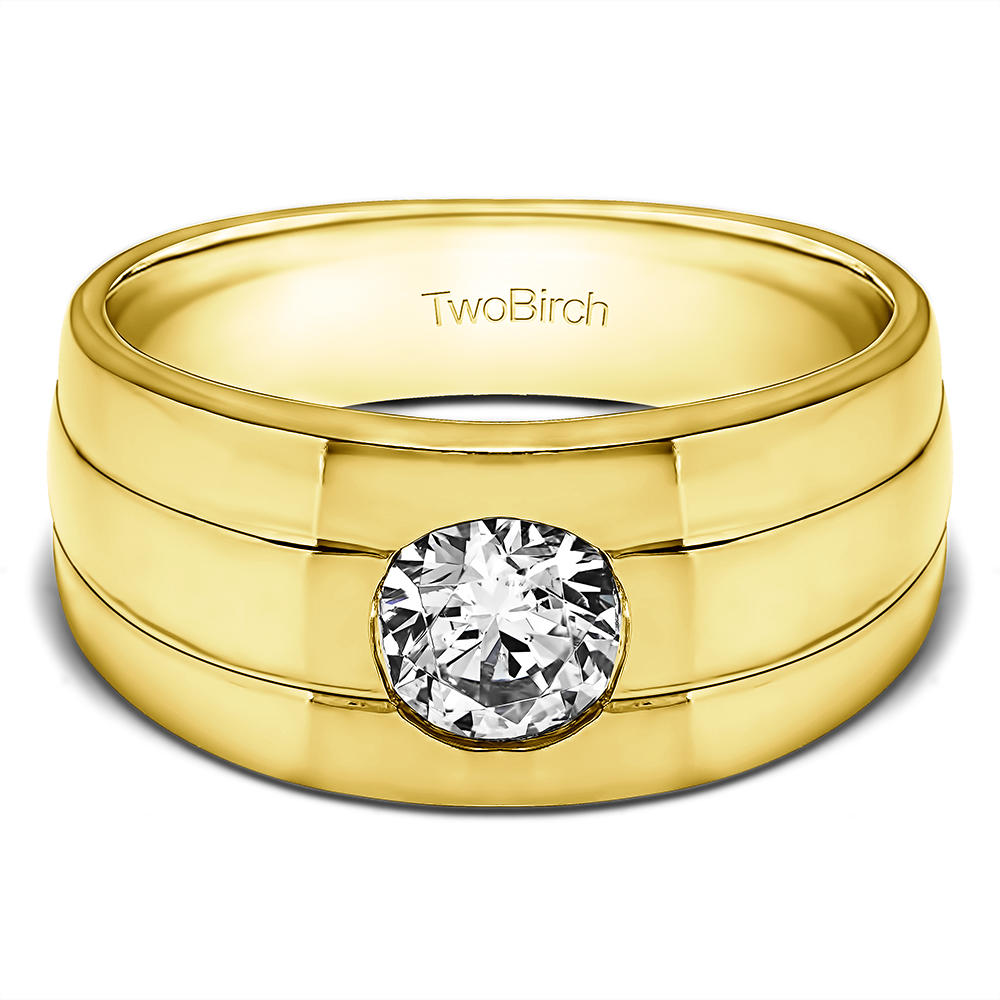 TwoBirch Men Ring in 10k Yellow gold with Forever Brilliant Moissanite by Charles Colvard (0.64 CT)