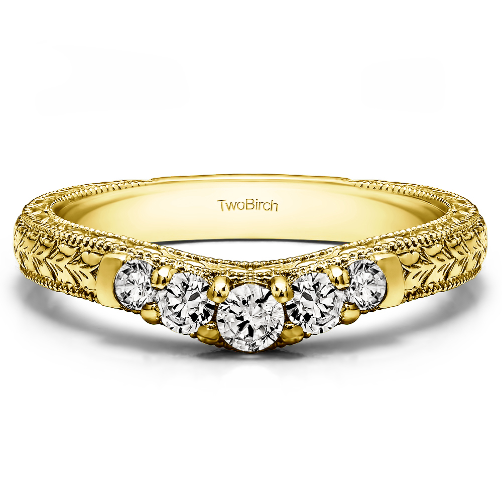 TwoBirch Vintage Engraved Curved Ring in 14k Yellow Gold with Forever Brilliant Moissanite by Charles Colvard (0.33 CT)