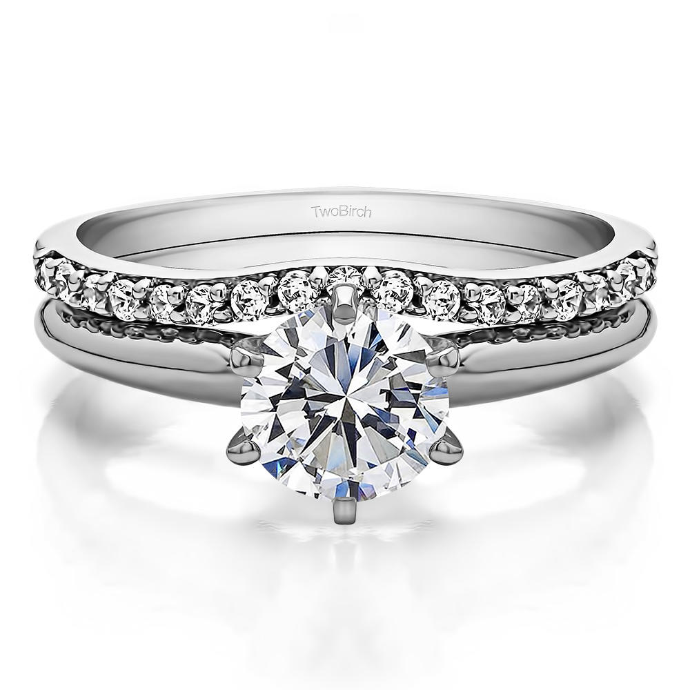 TwoBirch Delicate Contour Matching Wedding Ring in 14k White Gold with Forever Brilliant Moissanite by Charles Colvard (0.17 CT)