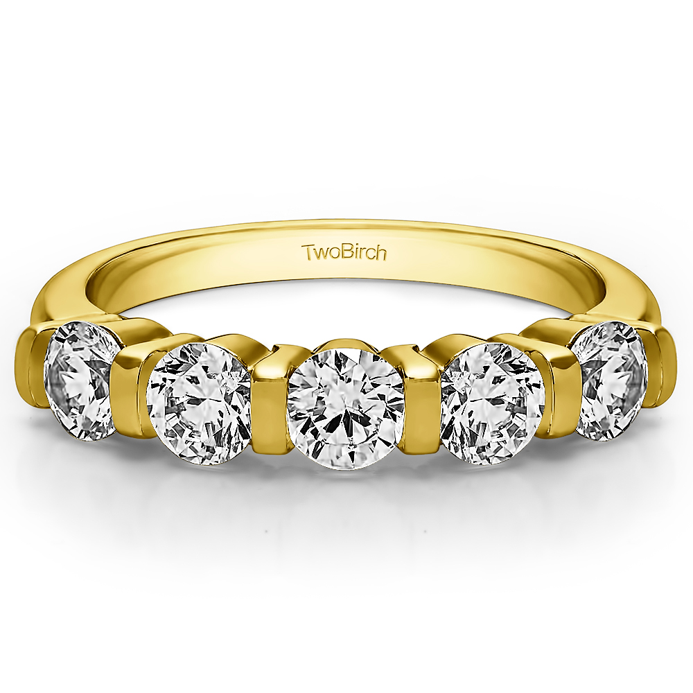 TwoBirch Five Stone Bar Set Wedding Band in 14k Yellow Gold with Forever Brilliant Moissanite by Charles Colvard (0.25 CT)