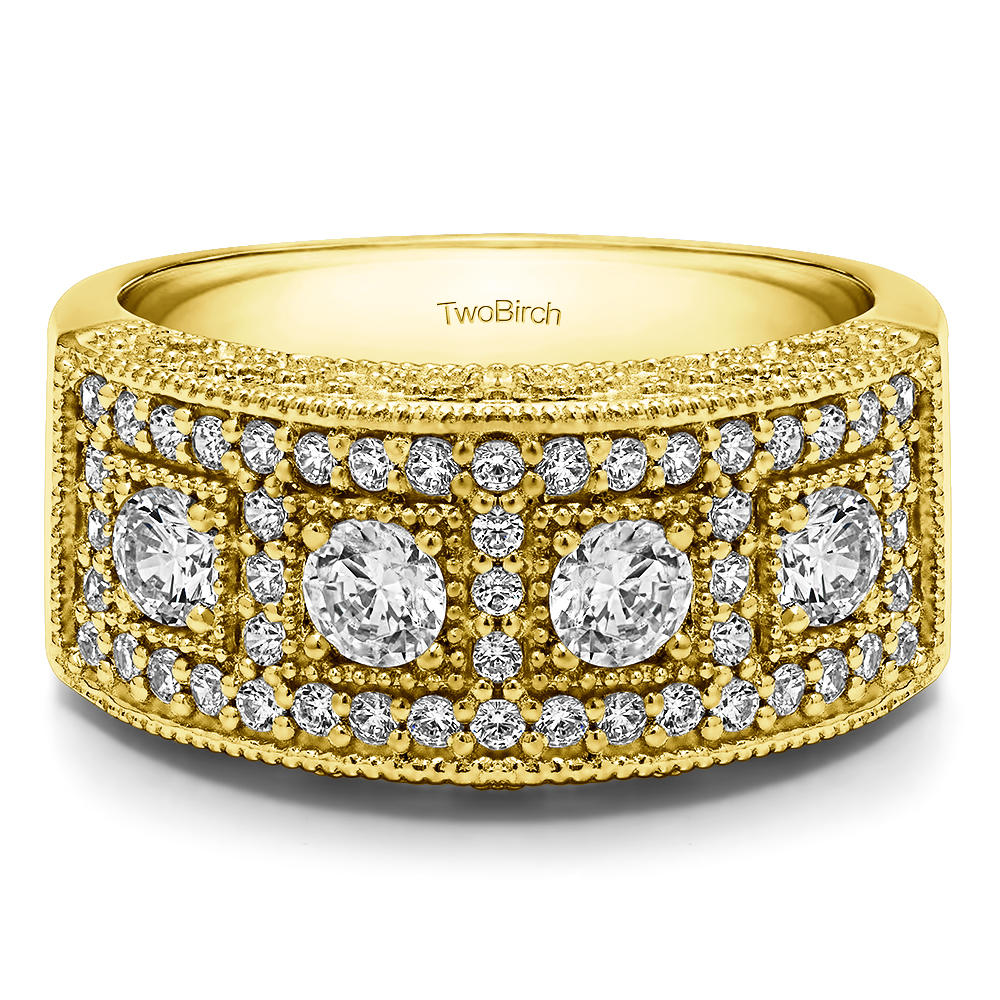 TwoBirch 1CT Vintage Pave Set Anniversary Ring in 10k Yellow gold with Forever Brilliant Moissanite by Charles Colvard (0.84 CT)