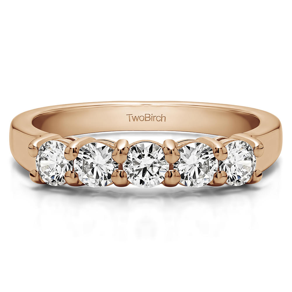 TwoBirch Five Stone Shared Prong U Set Wedding Band in 14k Rose Gold with Forever Brilliant Moissanite by Charles Colvard (0.87 CT)