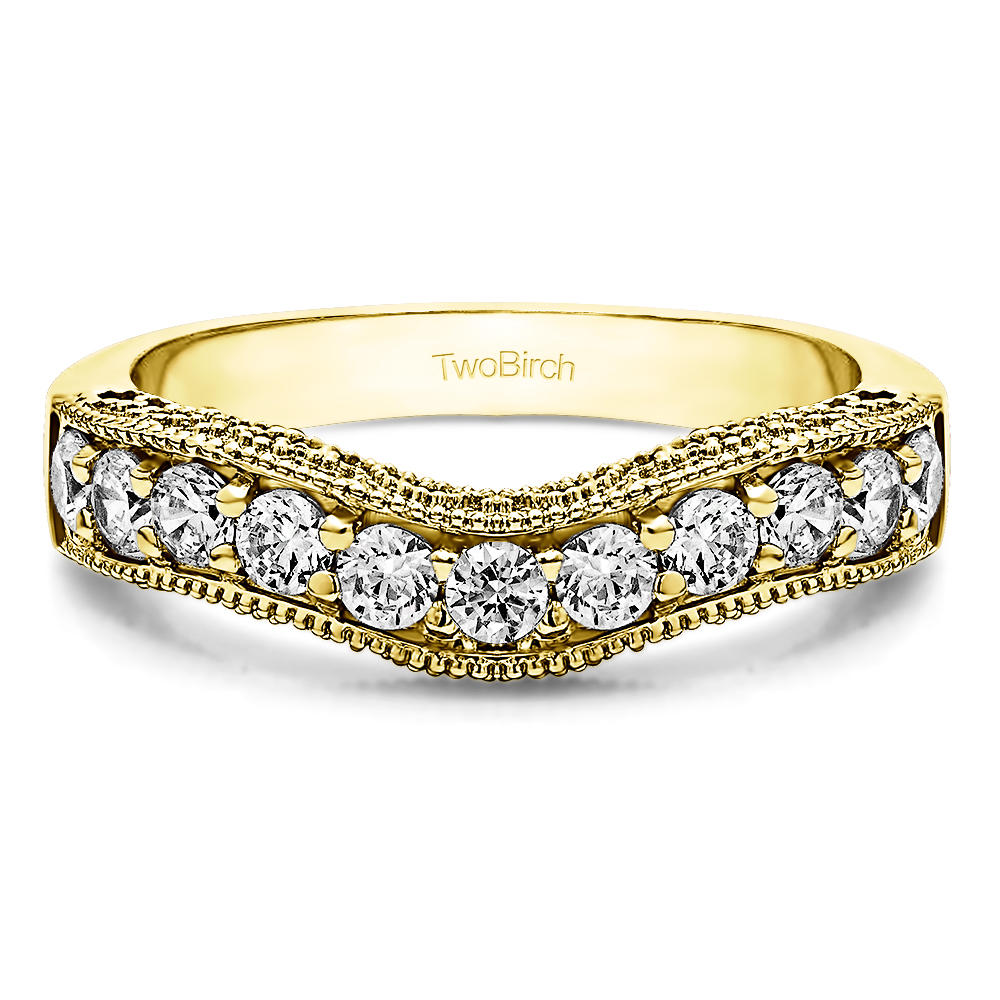 TwoBirch Vintage Filigree and Milgrained Wedding Band in 10k Yellow gold with Forever Brilliant Moissanite by Charles Colvard (0.41 CT)