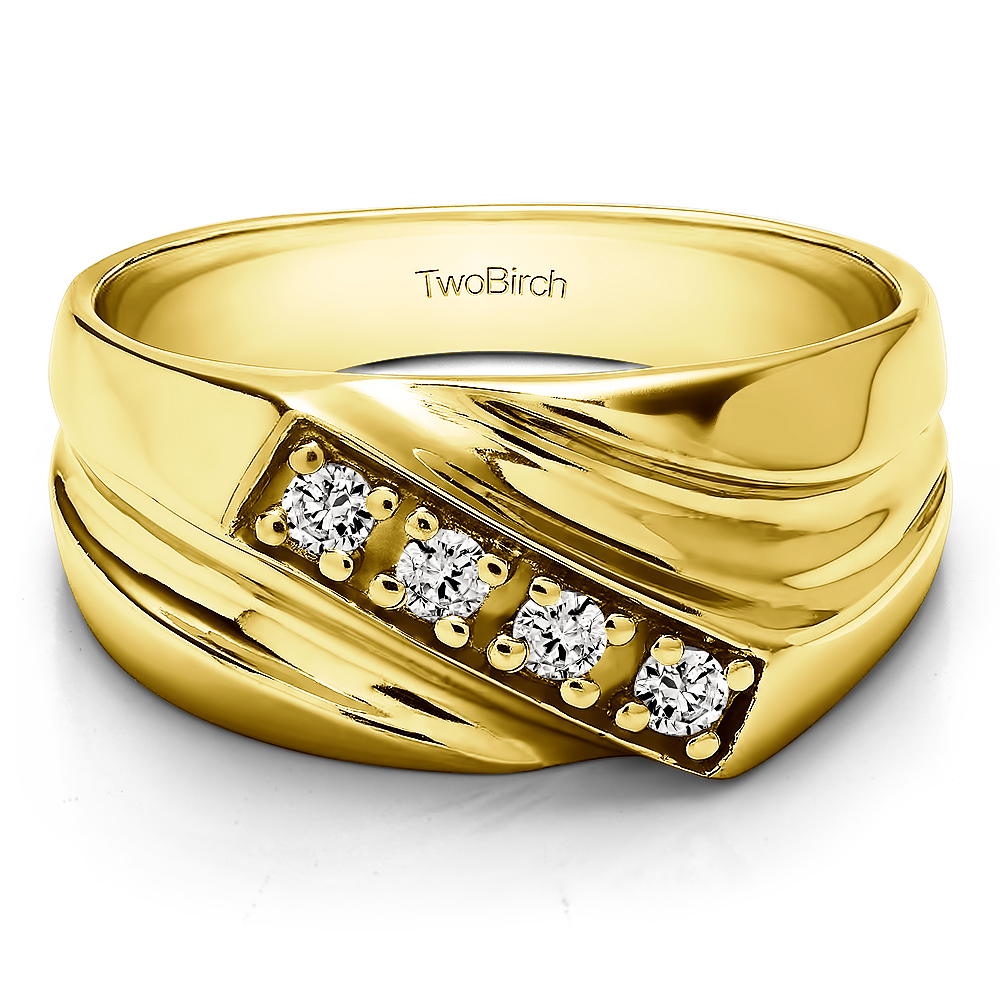 TwoBirch Men Ring in Yellow Silver with Forever Brilliant Moissanite by Charles Colvard (0.2 CT)