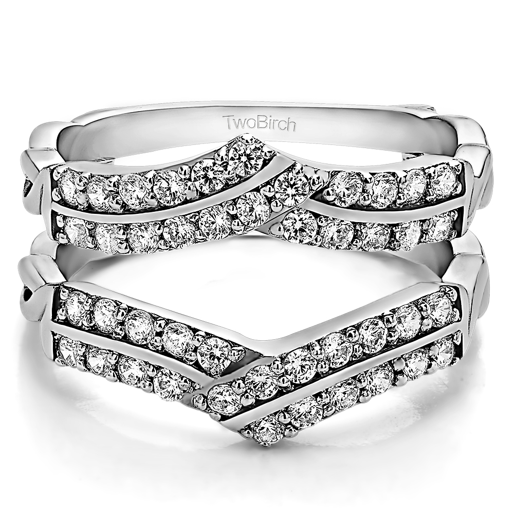 TwoBirch Double Row Criss Cross Ring Guard Enhancer in 10k White Gold with Forever Brilliant Moissanite by Charles Colvard (0.66 CT)