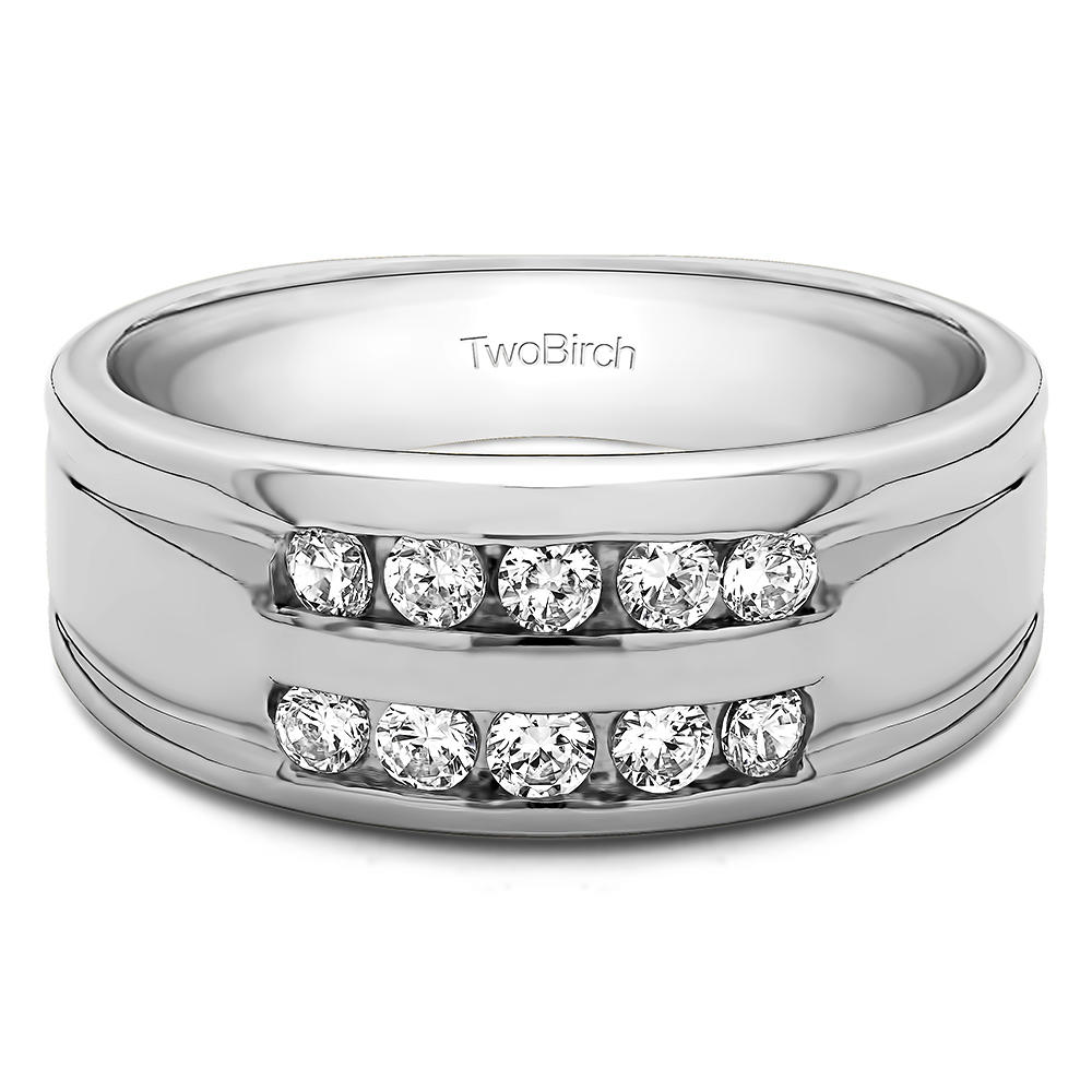TwoBirch Double Row Channel Set Mens Wedding Ring or Unique Mens Fashion Ring in Sterling Silver with Cubic Zirconia (0.5 CT)