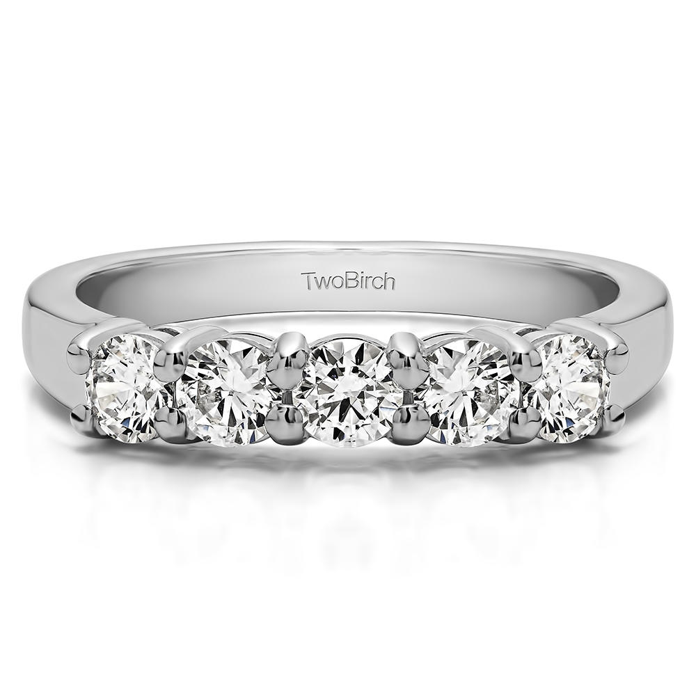 TwoBirch Five Stone Shared Prong U Set Wedding Band in 10k White Gold with Cubic Zirconia (1 CT)