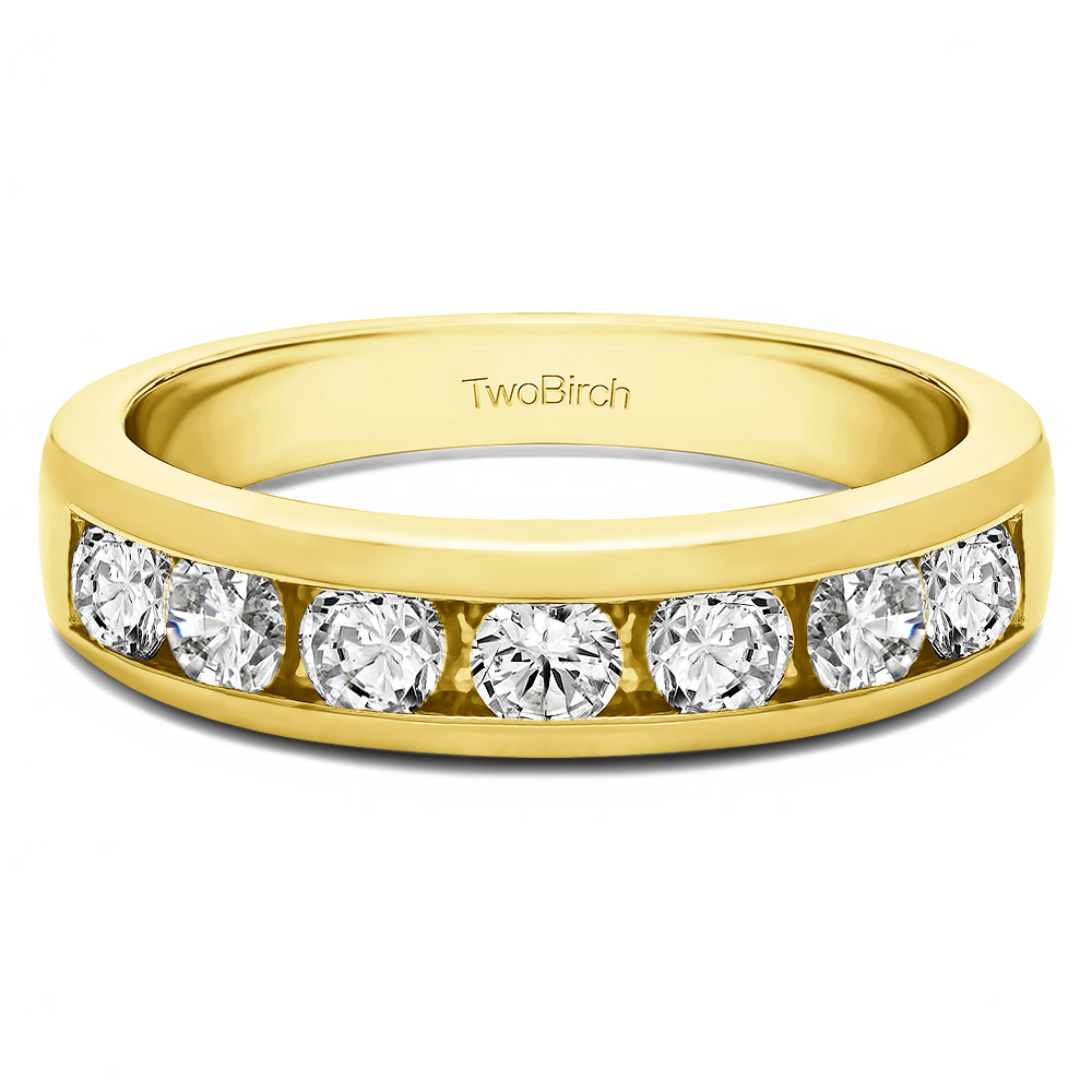 TwoBirch Seven Stone Straight Channel Set Wedding Ring in Yellow Silver with Cubic Zirconia (0.49 CT)