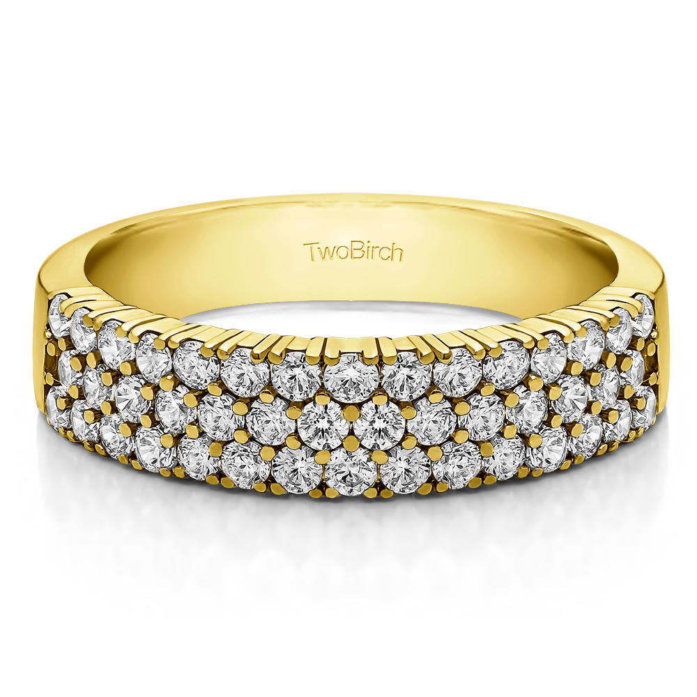 TwoBirch 1CT Three Row Combined Prong Wedding Ring in 10k Yellow gold with Cubic Zirconia (0.99 CT)