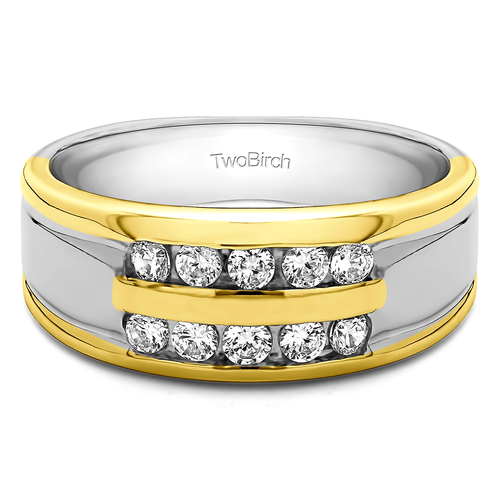 TwoBirch Double Row Channel Set Mens Wedding Ring or Unique Mens Fashion Ring in 10k Two Tone Gold with Cubic Zirconia (0.5 CT)