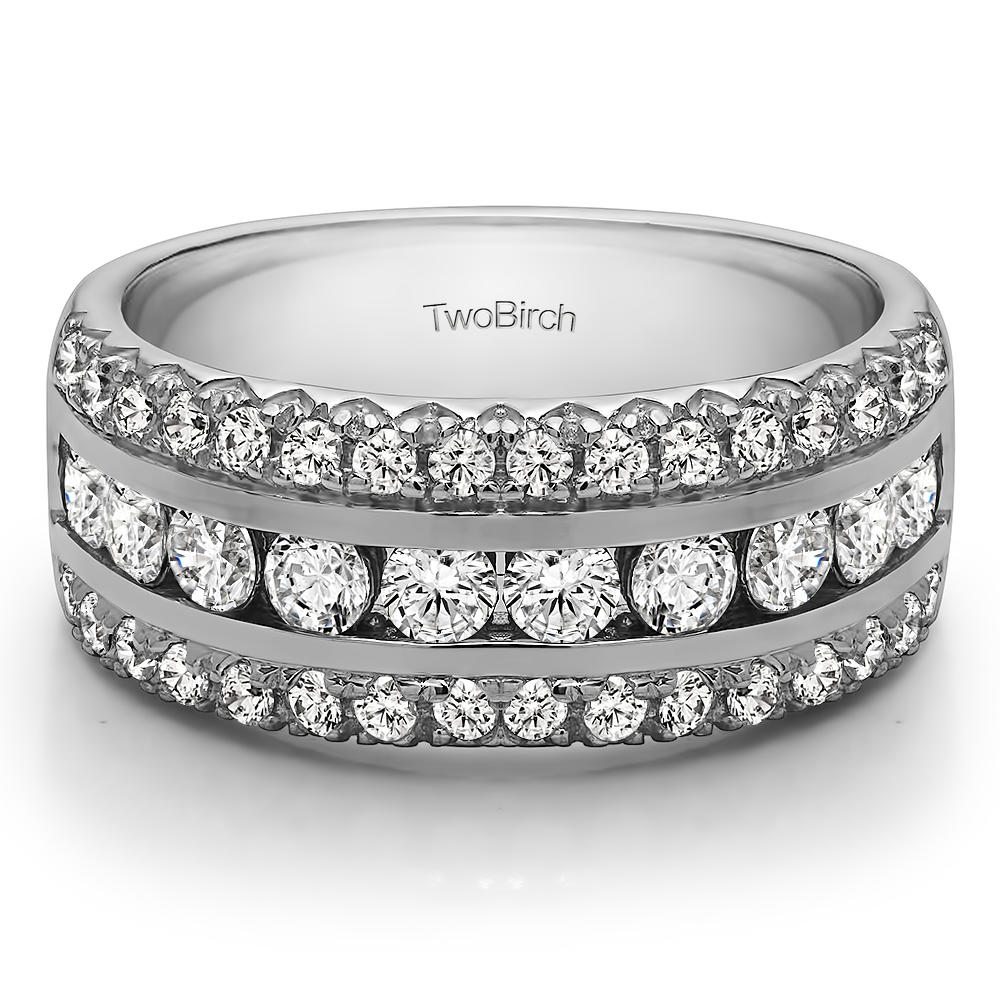 TwoBirch Three Row Fishtail Set Anniversary Ring in 10k White Gold with Cubic Zirconia (0.51 CT)