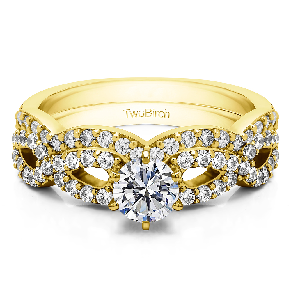 TwoBirch Bridal Set(engagment ring and matching band,2 rings) set in 10k Yellow gold With Cubic Zirconia(1.24tw)