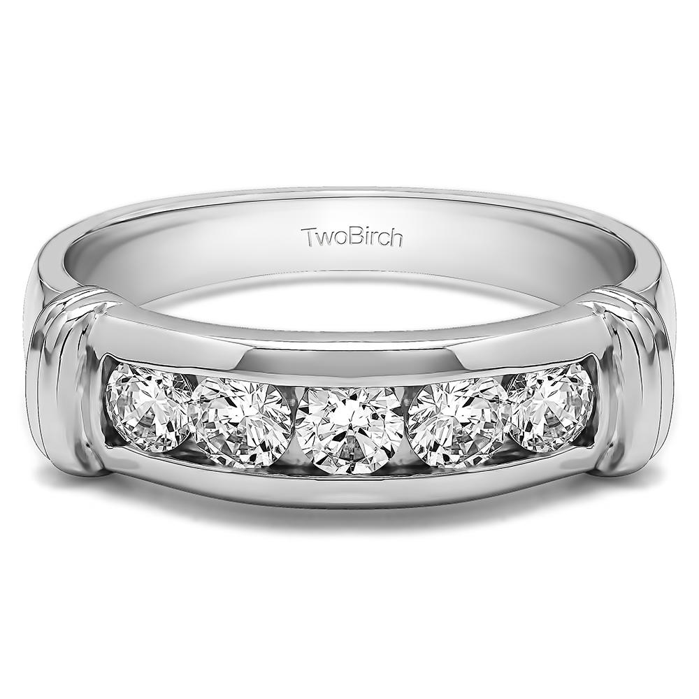TwoBirch Cool Mens Ring or Mens Wedding Band in Sterling Silver with Cubic Zirconia (1 CT)