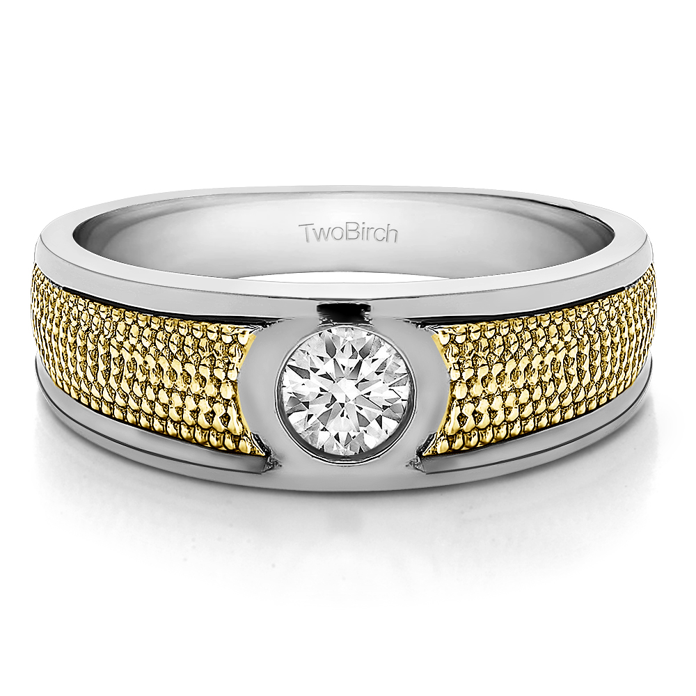 TwoBirch Solitaire Mens Fashion Ring Or Mens Wedding Ring in 10k Two Tone Gold with Cubic Zirconia (0.25 CT)