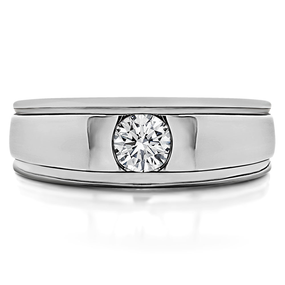 TwoBirch Brushed Center Men's  Ring With One Round Stone in 10k White Gold with Cubic Zirconia (0.25 CT)