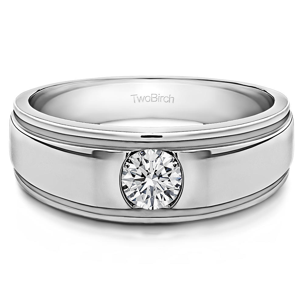 TwoBirch Brushed Center Men's  Ring With One Round Stone in 10k White Gold with Cubic Zirconia (0.25 CT)