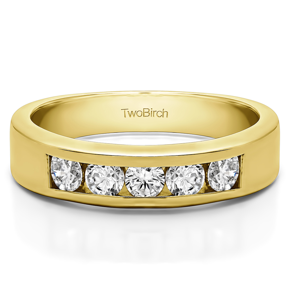 TwoBirch Five Stone Straight Channel Set Wedding Band in Yellow Silver with Cubic Zirconia (0.35 CT)