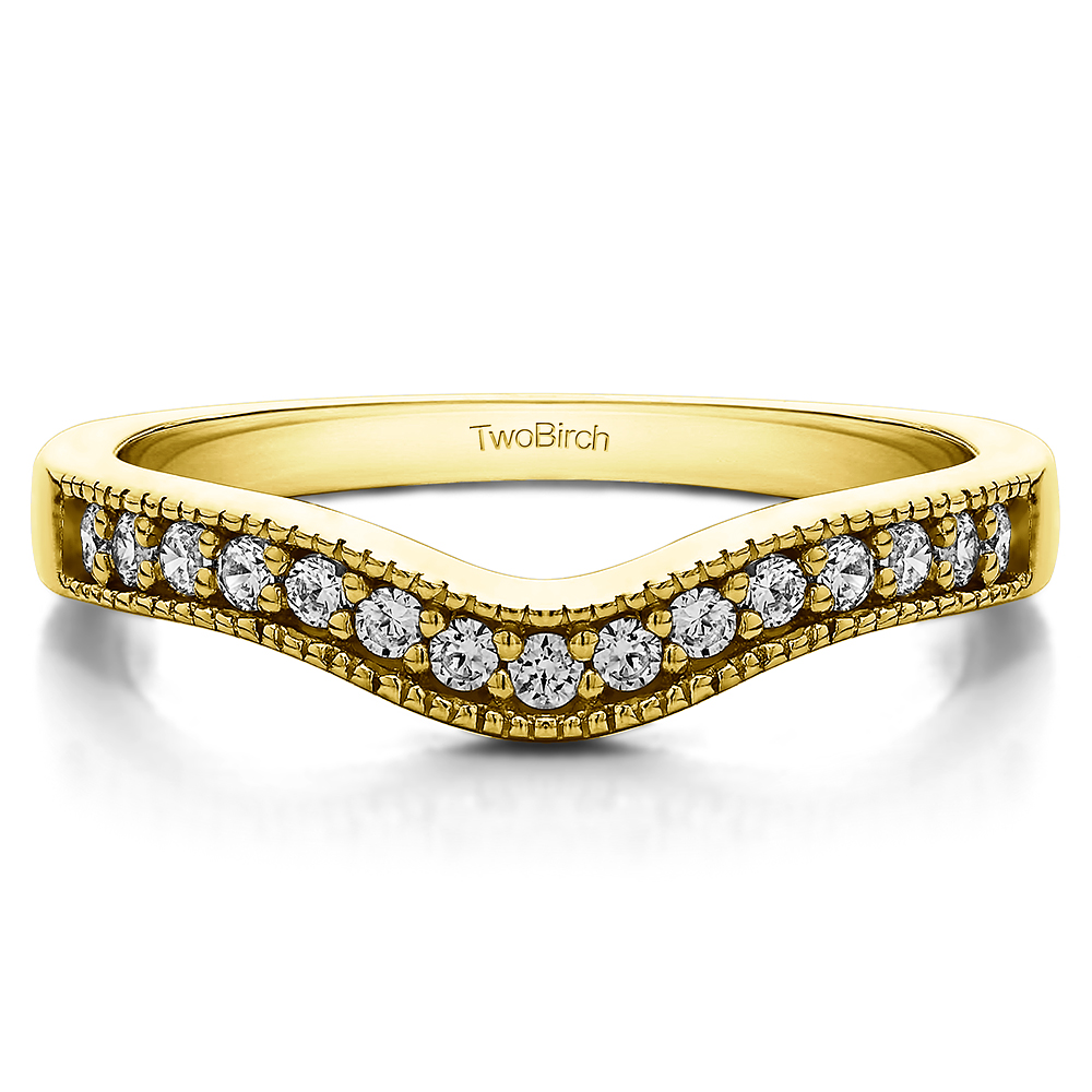 TwoBirch Vintage Contour Band with Milgrained Edges in Yellow Silver with Cubic Zirconia (0.5 CT)