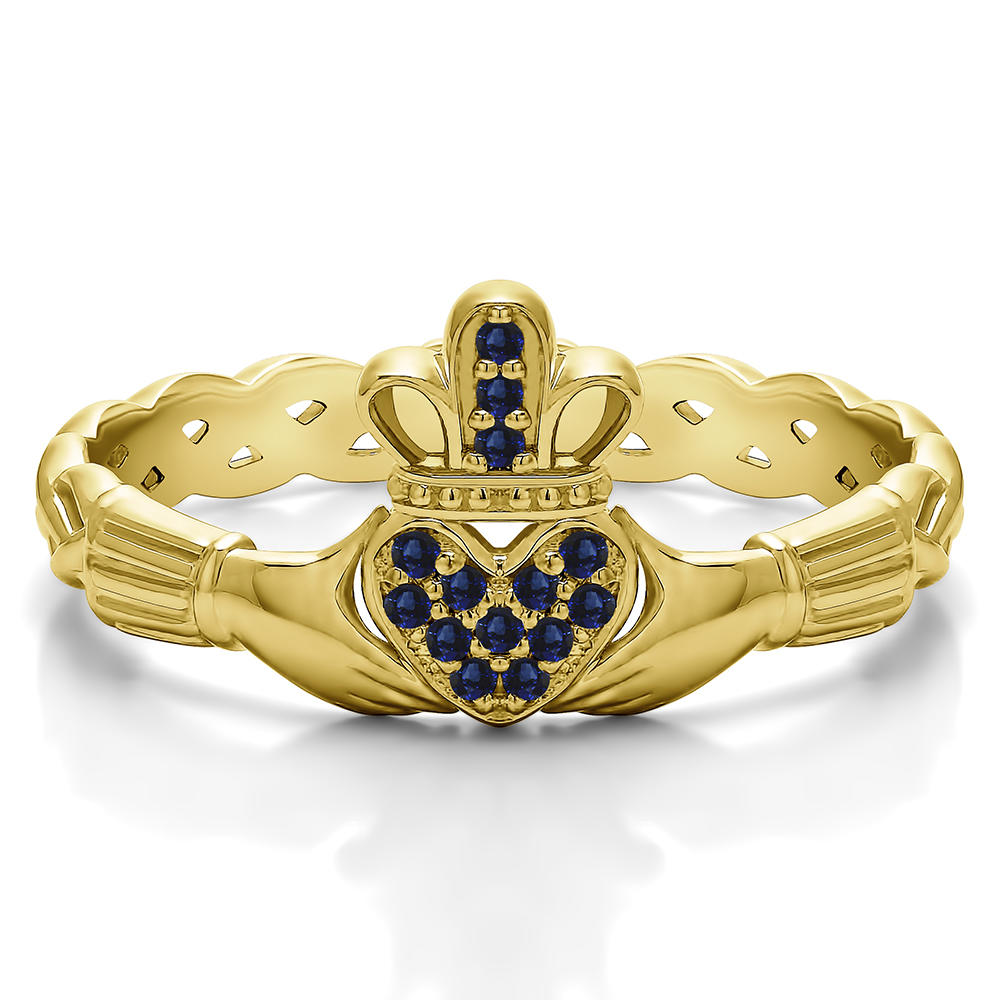 TwoBirch Celtic Claddagh Wedding Ring with Pave Heart in 14k Yellow Gold with Sapphire (0.07 CT)