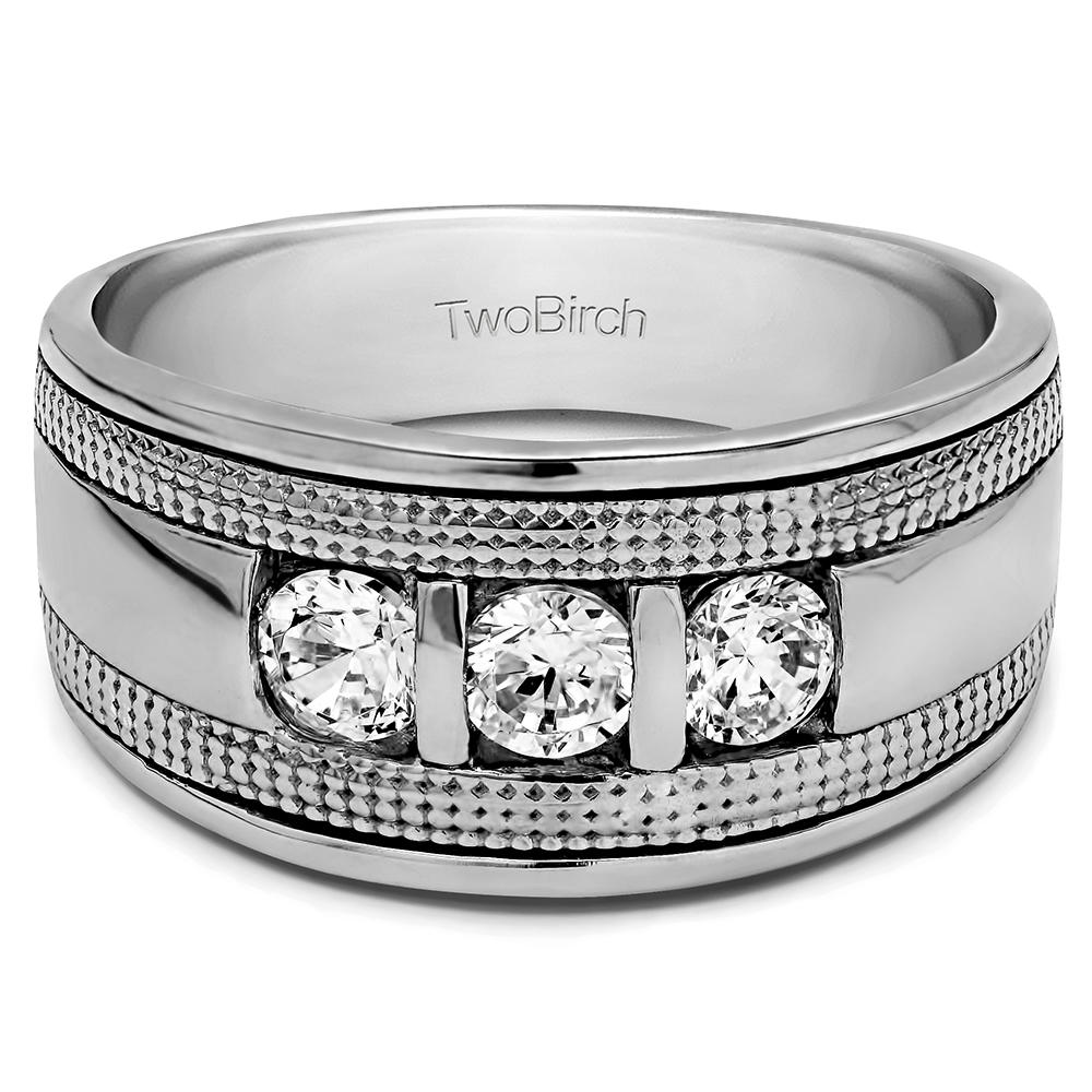 TwoBirch Cool Mens Ring or Unique Mens Wedding Band in 10k White Gold with Cubic Zirconia (0.74 CT)