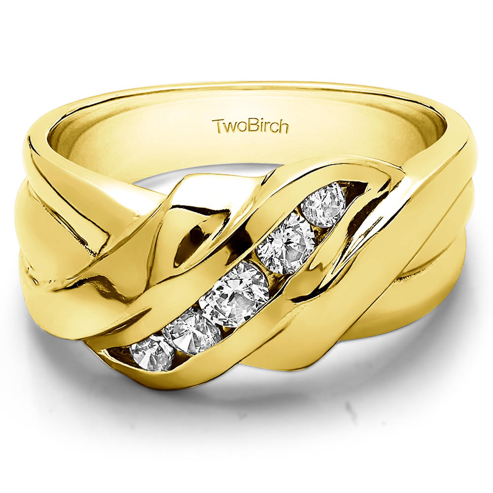 TwoBirch Swirl Style Cool Men's Ring or Unique Mens Wedding Ring in 10k Yellow gold with Cubic Zirconia (0.48 CT)