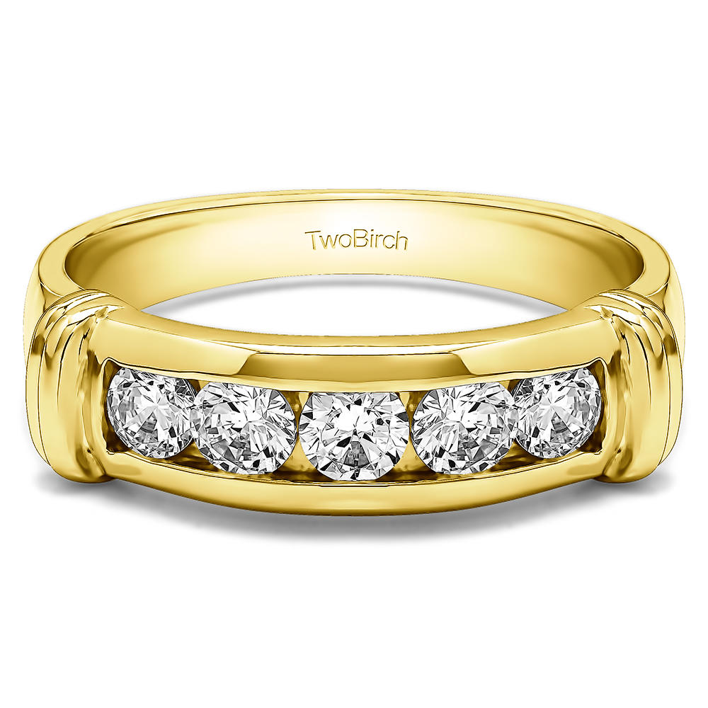 TwoBirch Cool Mens Ring or Mens Wedding Band in Yellow Silver with Cubic Zirconia (0.49 CT)