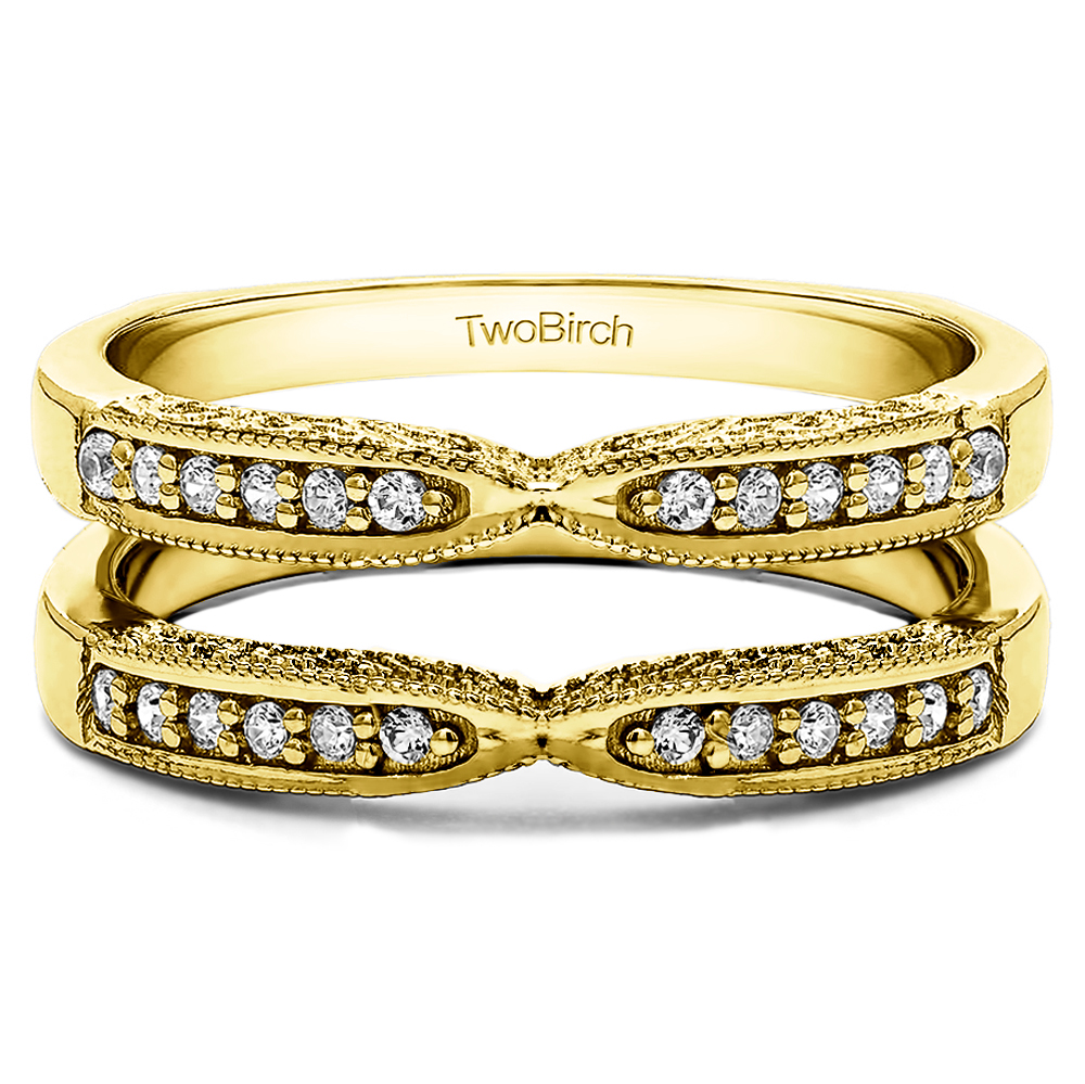 TwoBirch X Design Ring Guard with Millgrain and Filigree Detailing in 10k Yellow gold with Cubic Zirconia (1 CT)