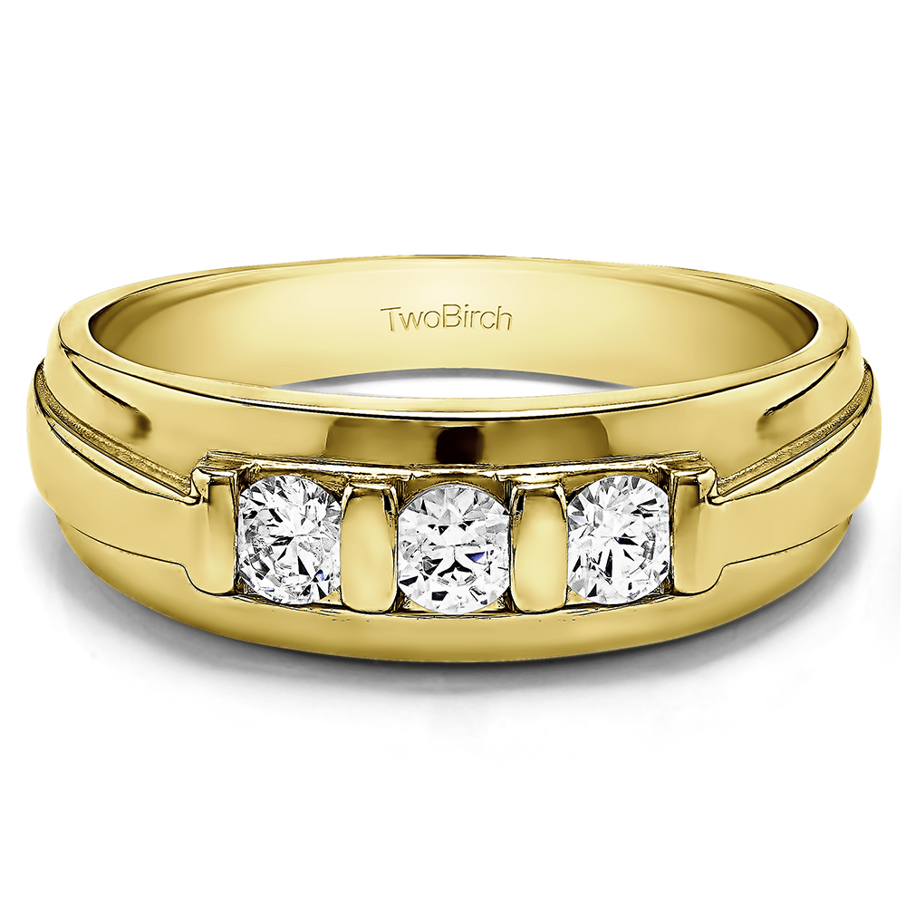 TwoBirch Unique Three Stone Men's Fashion Ring or Mens Wedding Band in 10k Yellow gold with Cubic Zirconia (0.49 CT)
