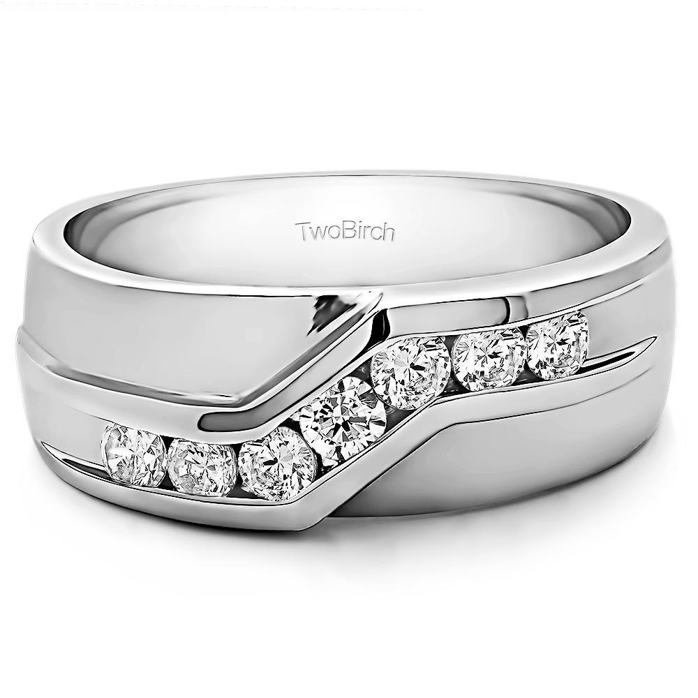 TwoBirch Twisted Channel Set Mens Wedding Ring or Unique Mens Fashion Ring in Sterling Silver with Cubic Zirconia (0.48 CT)