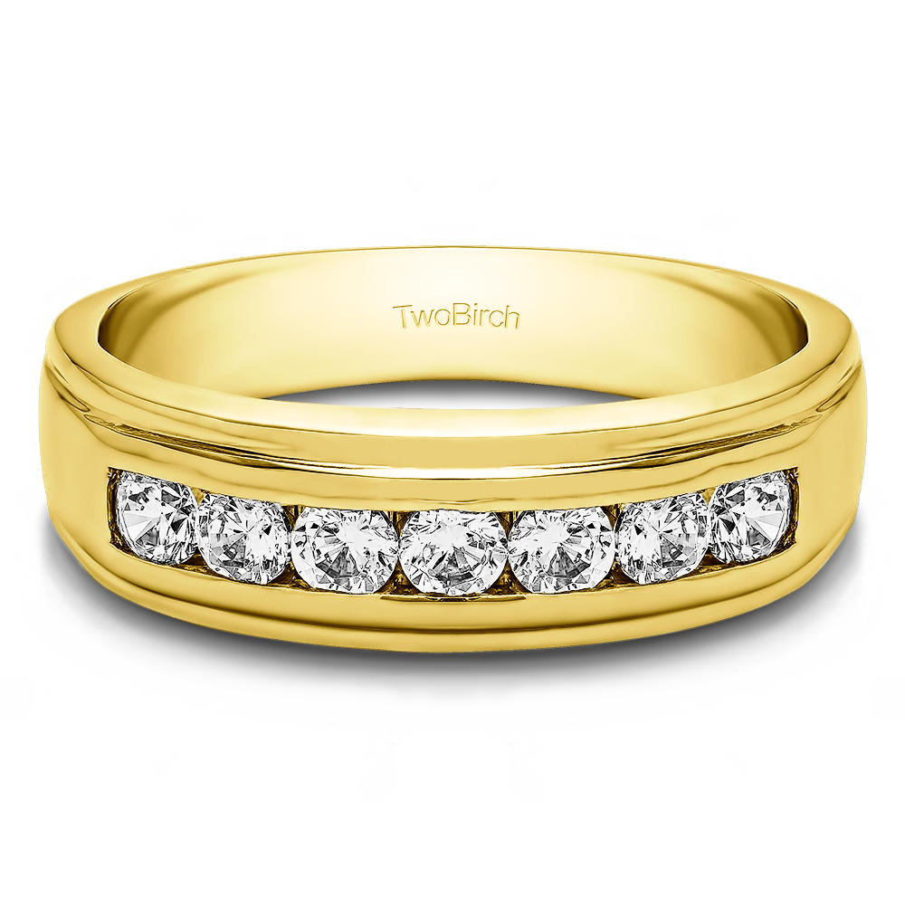 TwoBirch Men's Ring with Channel Set Princess Cut Stones in 10k Yellow gold with Cubic Zirconia (1 CT)