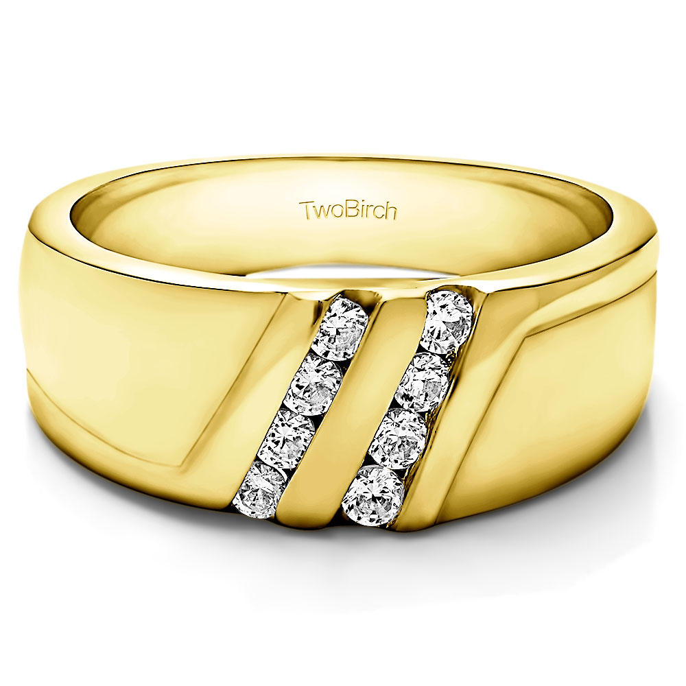TwoBirch Traditional Channel Set Mens Wedding Ring or Unique Mens Fashion Ring in 10k Yellow gold with Cubic Zirconia (0.22 CT)