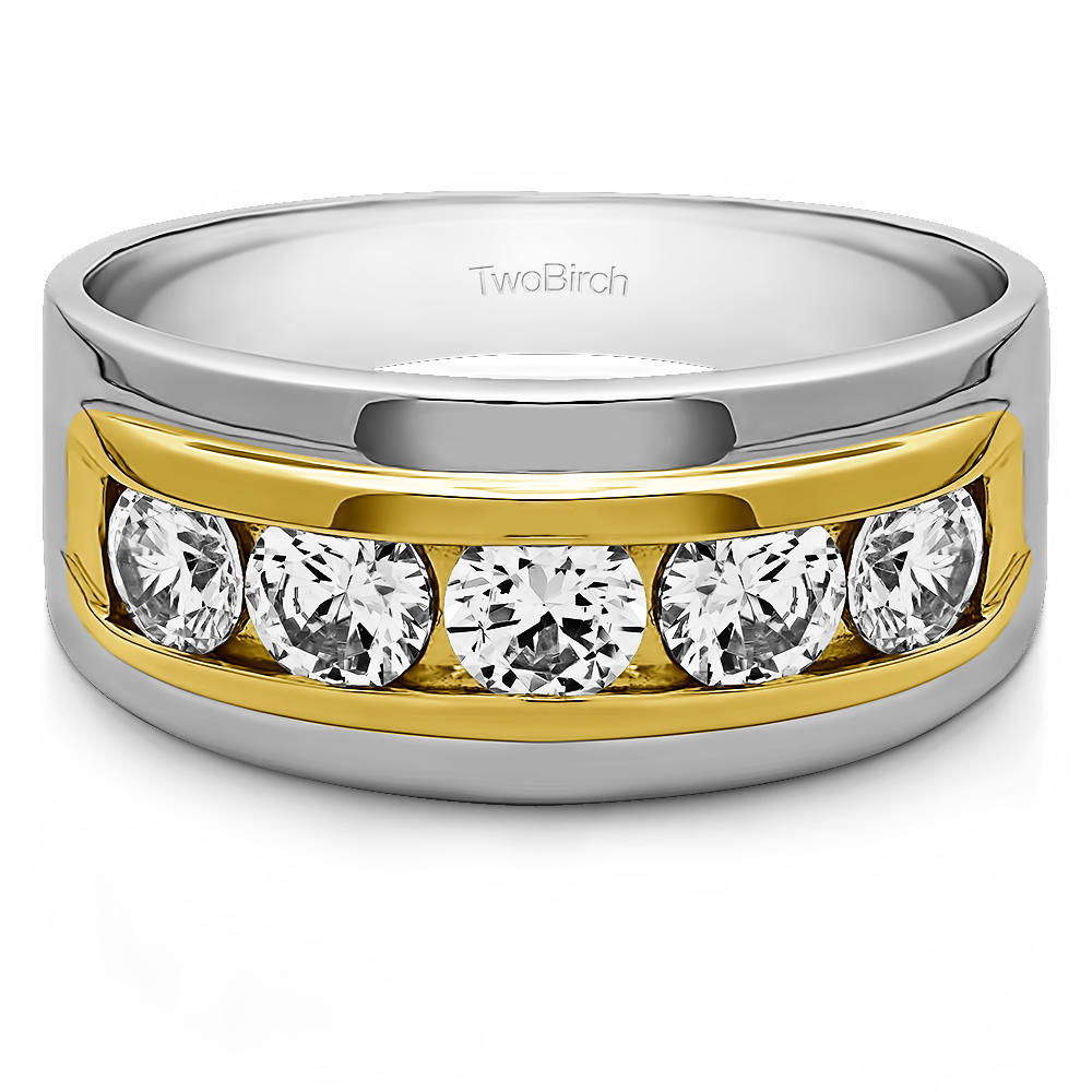 TwoBirch Classic Mens Ring or Mens Wedding Ring with Designer Shank in 10k Two Tone Gold with Cubic Zirconia (0.5 CT)