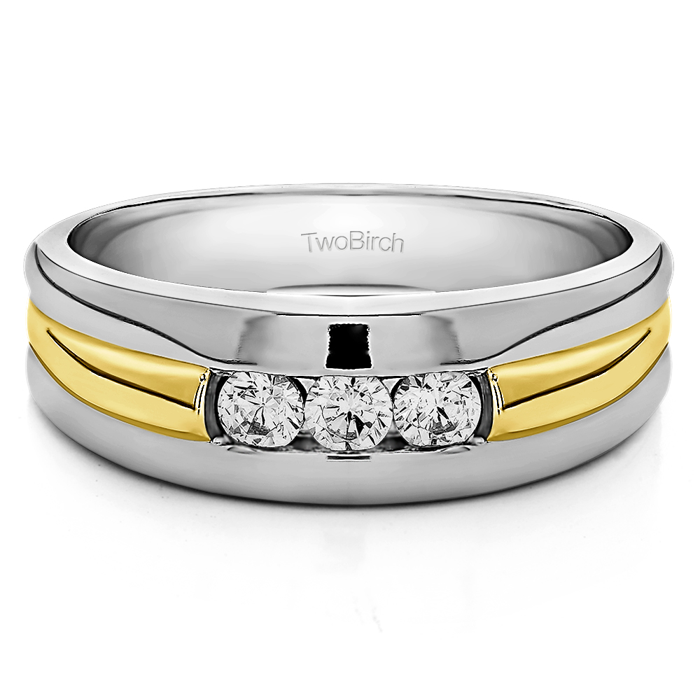 TwoBirch Three Stone Unique Men's Wedding or Unique Men's Fashion Ring in 10k Two Tone Gold with Cubic Zirconia (0.72 CT)