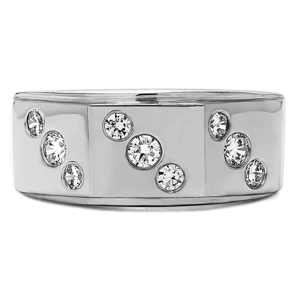 TwoBirch Three Row Round Burnished Set Men's Ring in Sterling Silver with Cubic Zirconia (0.48 CT)